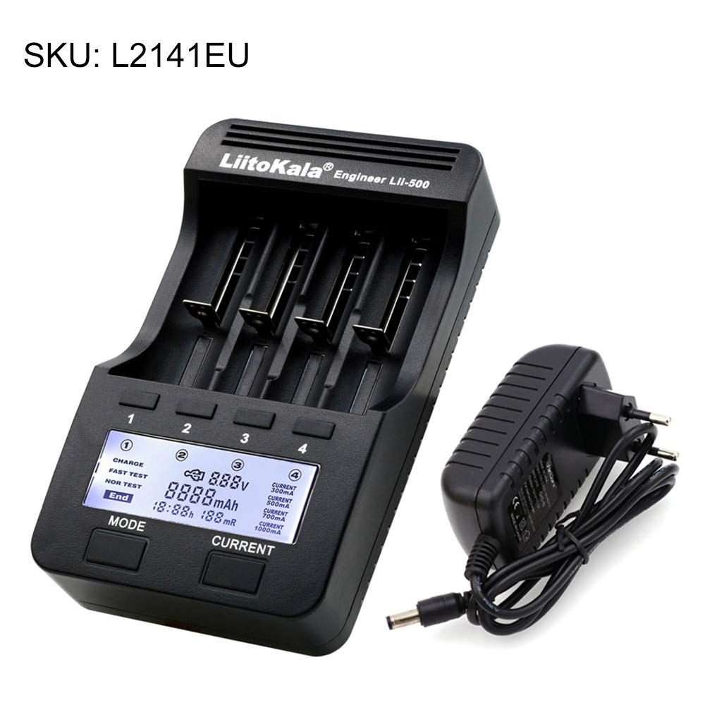 LiitoKala Lii-500 4 Intelligent Intelligent Chargeur de Batterie Kit avec Adaptateur EU pour 3.7V Li-ION / 1.2V Ni-MH Cylindrique 18650/26650/14500/21700 / AA/AAA Rechargeable Batterie