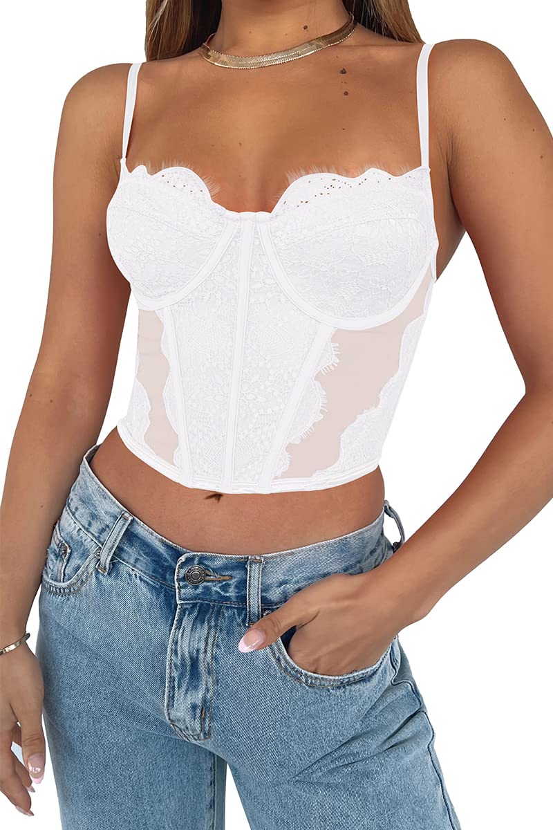 Dealmore Womens Corset Top Going Out Lace Spaghetti Strap Crop Y2K Mesh Date Night Party Bustier Cami 2026