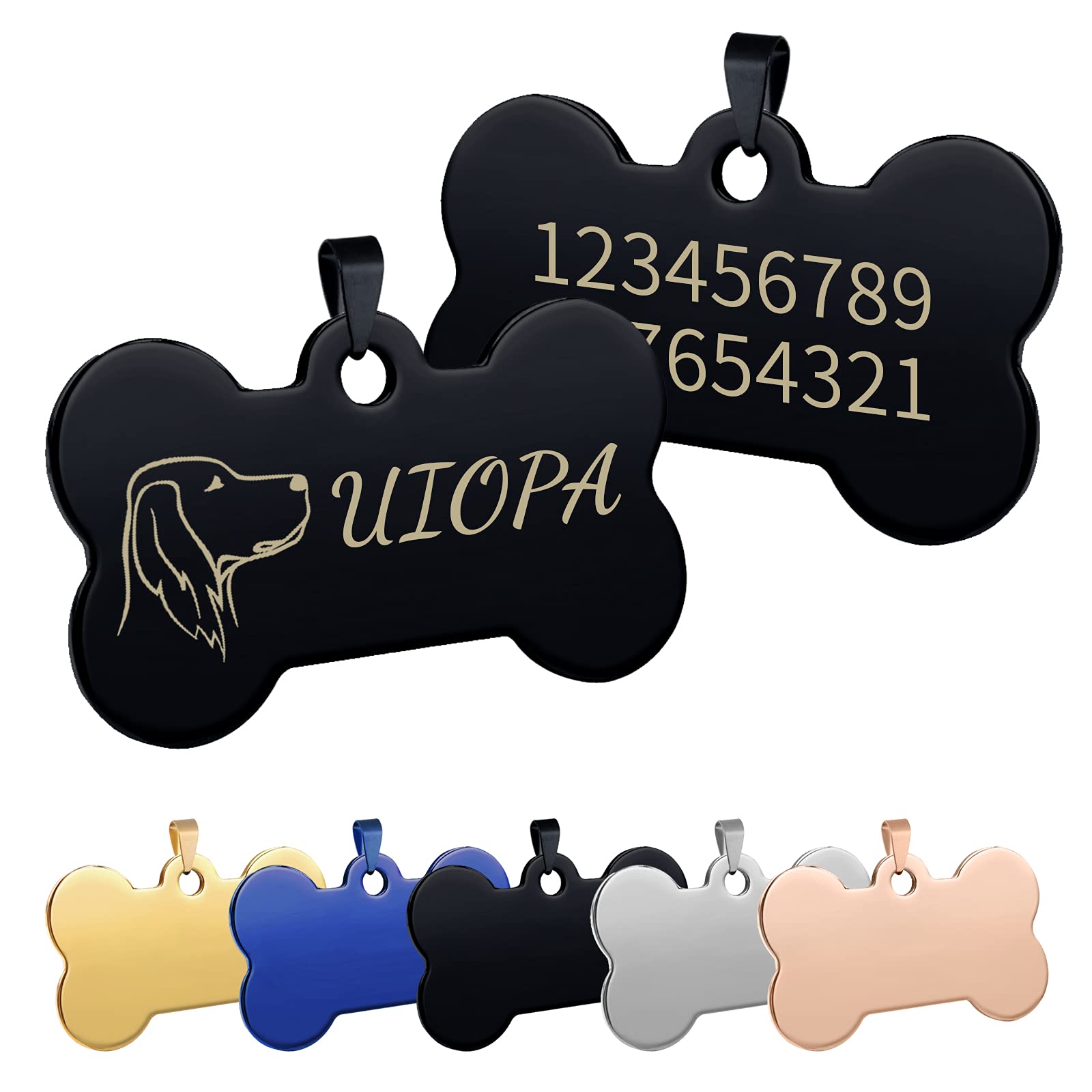 Uiopa Chapa Perro Grabada, Hueso para Mascotas Placa Perro Grabada, Placa Chapa Medalla de Identificación Personalizada Placas para Perros Grabadas Para Collar Perro Gato Mascota (Negro, Pequeña)