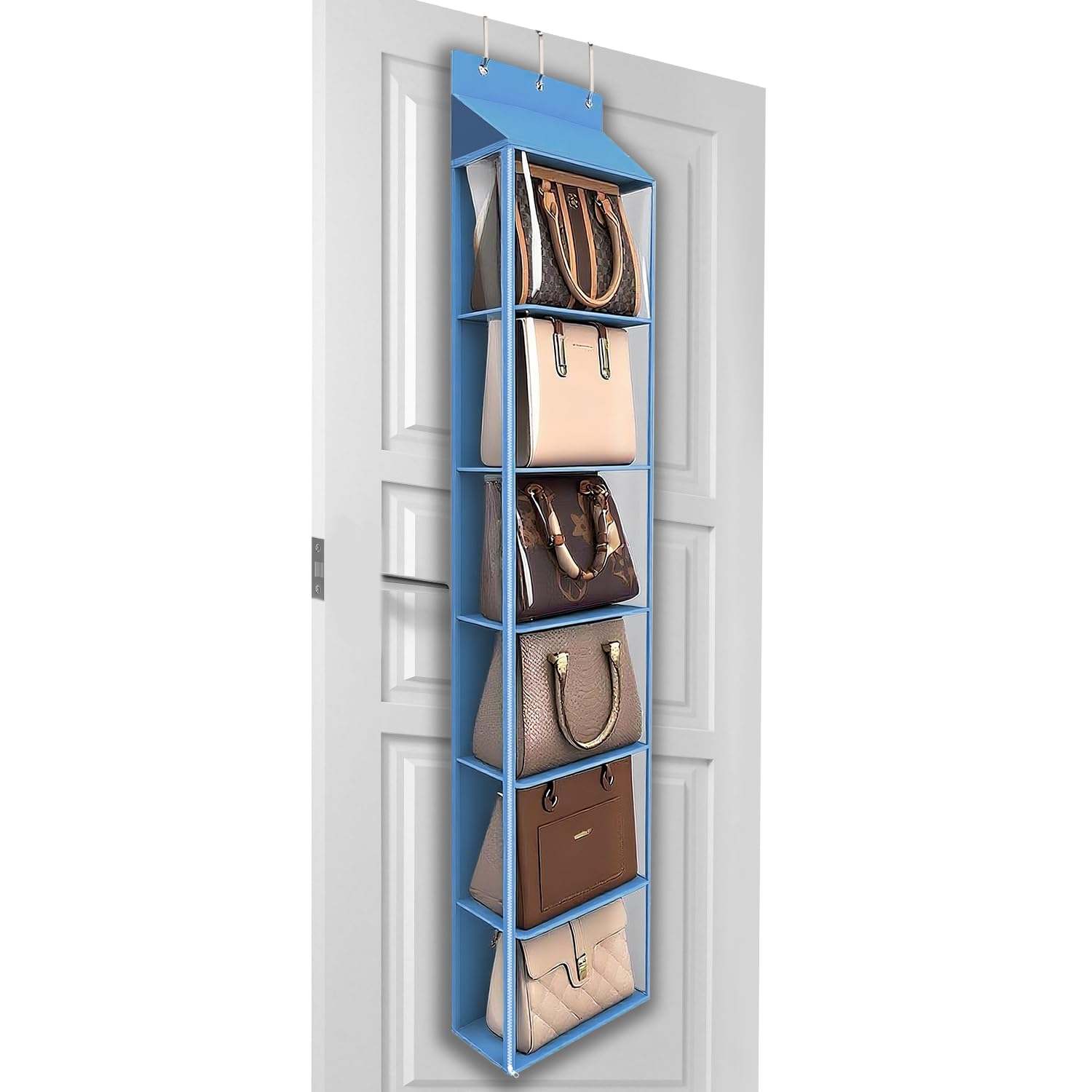 Lirex Over The Door Purse Organizer, 6-Pocket Handbag Hanging Organizer with Zipper, Clothing Closet Purse Hanger for Scarves, Hats, Leggings, L (40 x 14.5 x 173 cm), Blue