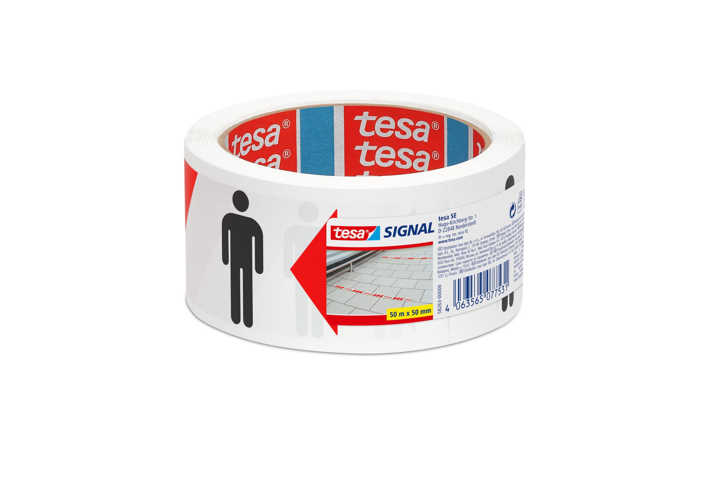 tesa Signal Social Distancing Tape - Marking Tape to Keep Distance - 1.5 m Safety Distance - Self-Adhesive for Indoor and Outdoor Use - White/Red - 50 m x 50 mm