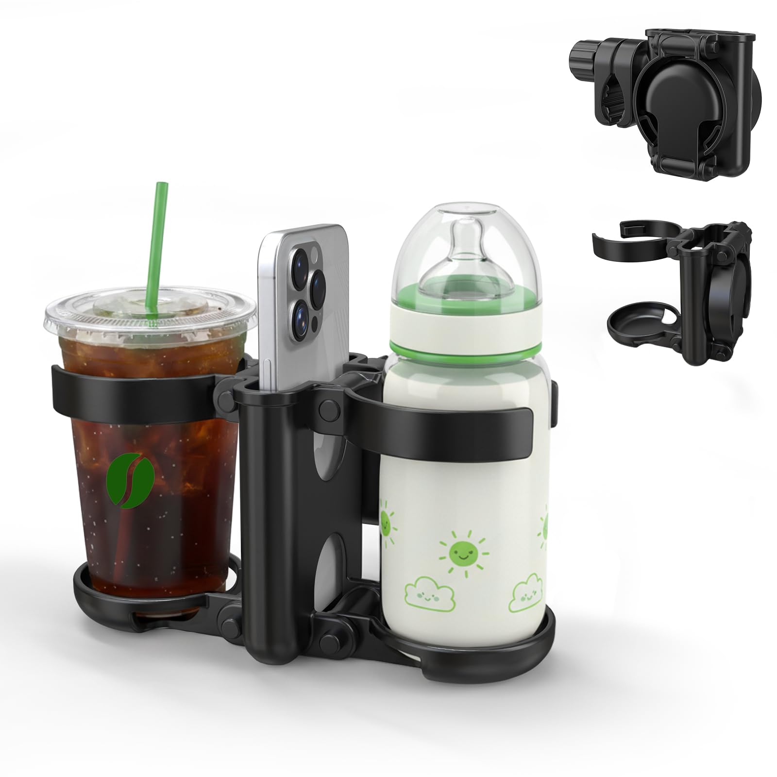 ZealSound 3-in-1 Kinderwagen Getränkehalter, Faltbarer Doppel-Cupholder mit Handyhalter, Universaler Getränke- & Kaffeebecherhalter für Kinderwagen, Fahrräder, Rollstühle für ABC Design Cybex Hauck