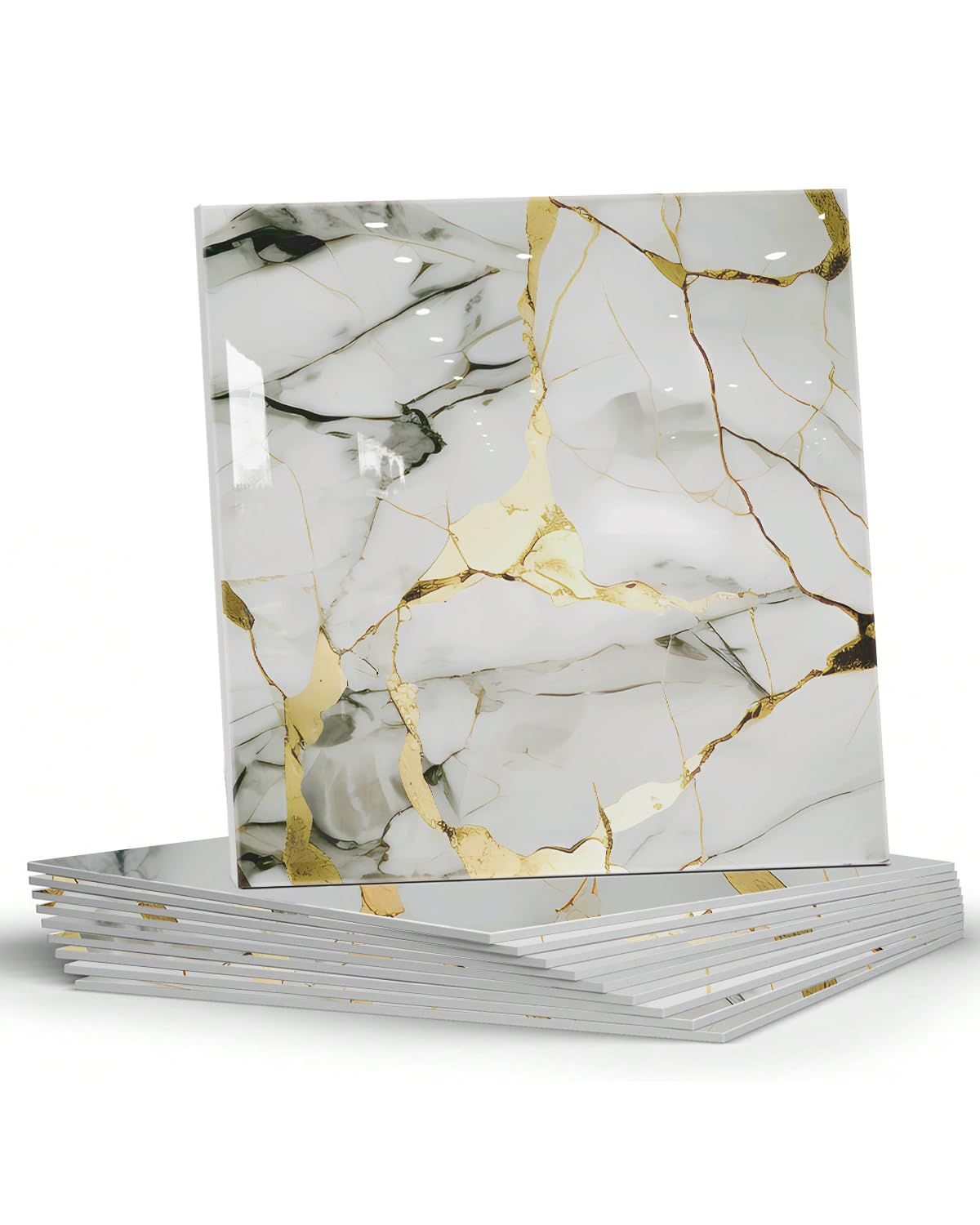 BESTWOO 10 Sheet Wall Tiles Stickers PET Marble Peel and Stick Backsplash Glossy Self Adhesive Tile for Bathroom Kitchen 12"x12"