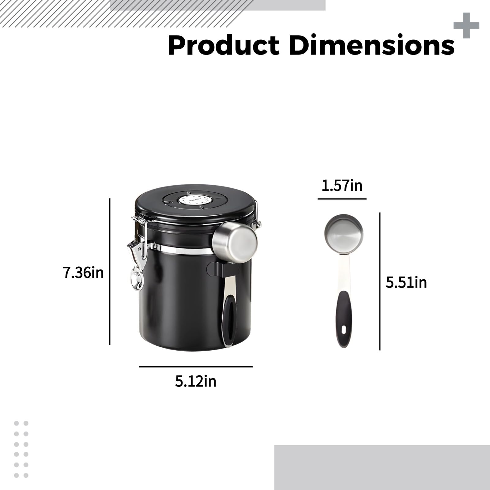 Kaffeedose 1,8 L, matt schwarz, mit Sichtfenster, luftdichter 304 Edelstahl Behälter mit Löffel, Single Valve für Kaffeebohnen, gemahlenen Kaffee, Tee, Nüsse, Aufbewahrung in der Küche