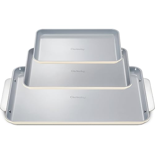 Caraway Non-Stick Ceramic Baking Sheet Trio - Naturally Slick Ceramic Coating - Non-Toxic, PTFE & PFOA Free - 18 x 13" Large, 15 x 10" Medium, & 9" x 13" Small - Cream
