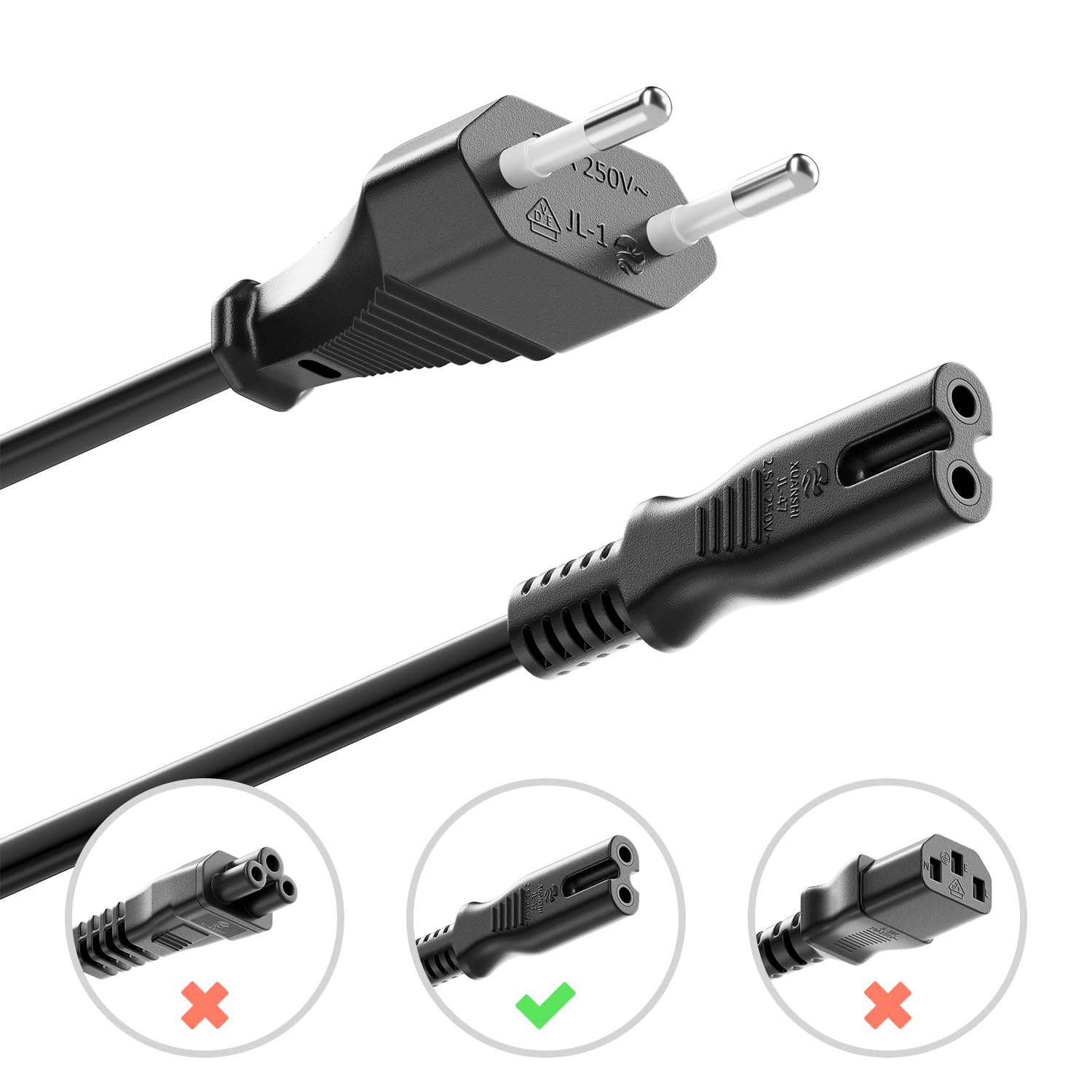 Leloco 2-polig Netzkabel 1,5M - Eurostecker Auf C7 Buchse Für TV & Haushaltsgeräte