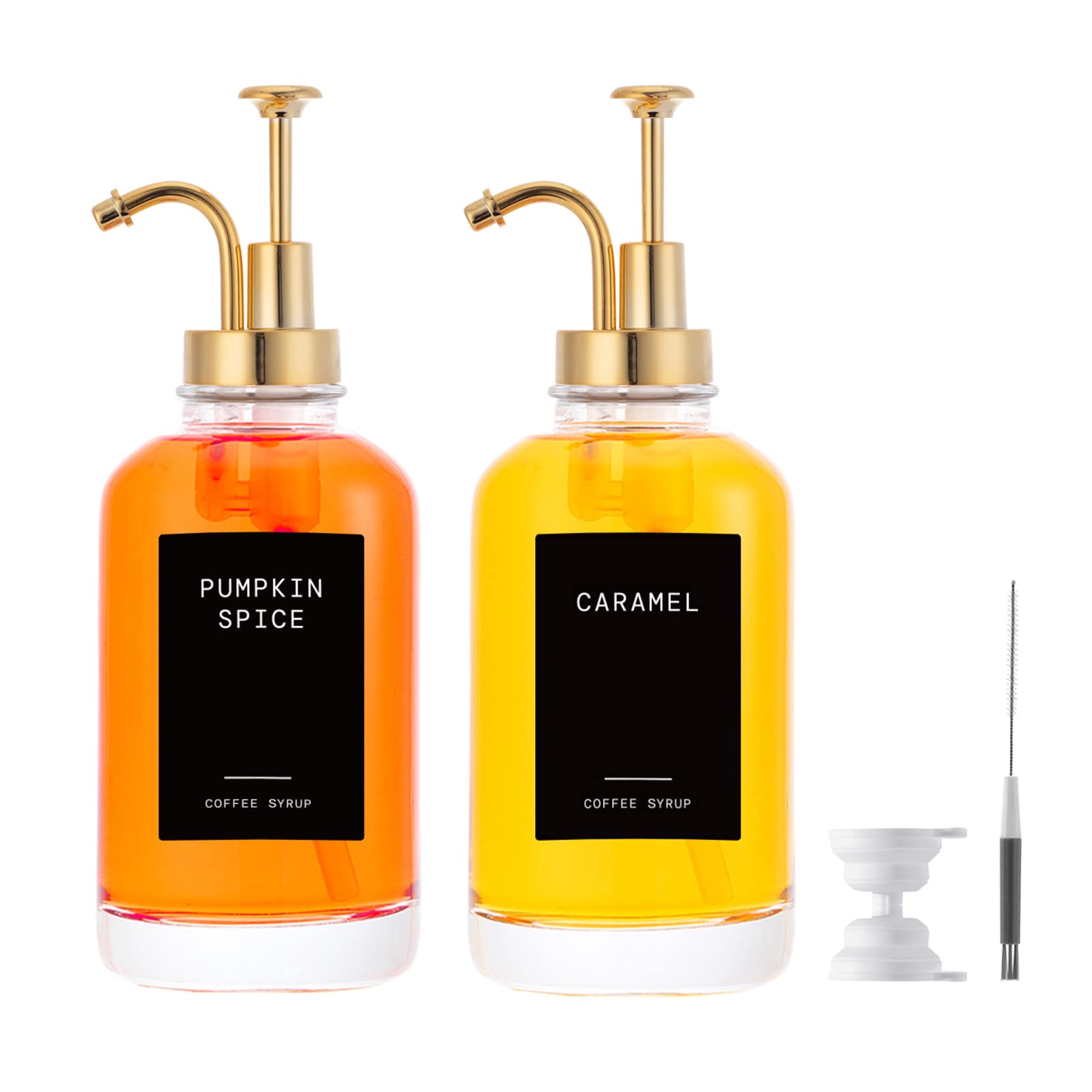 Lot de 2 distributeurs de sirop à café pour bar à café, distributeur à pompe à café avec étiquettes de sirop – Bouteille minimaliste en verre pour accessoires de bar à café– 500 ml (noir)
