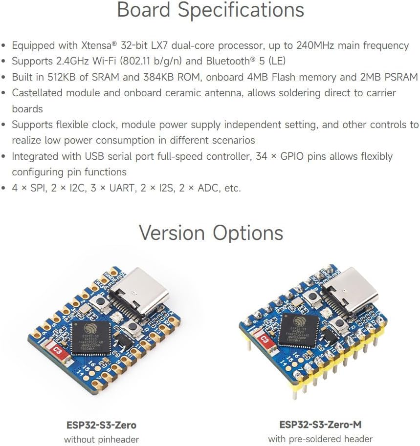 Waveshare 3PCS ESP32-S3 Mini Development Board, Based On ESP32-S3FH4R2, Onboard Multi-Function GPIO Pins, Dual-Core Processor, 240MHz Running Frequency, 2.4GHz Wi-Fi & BLE 5