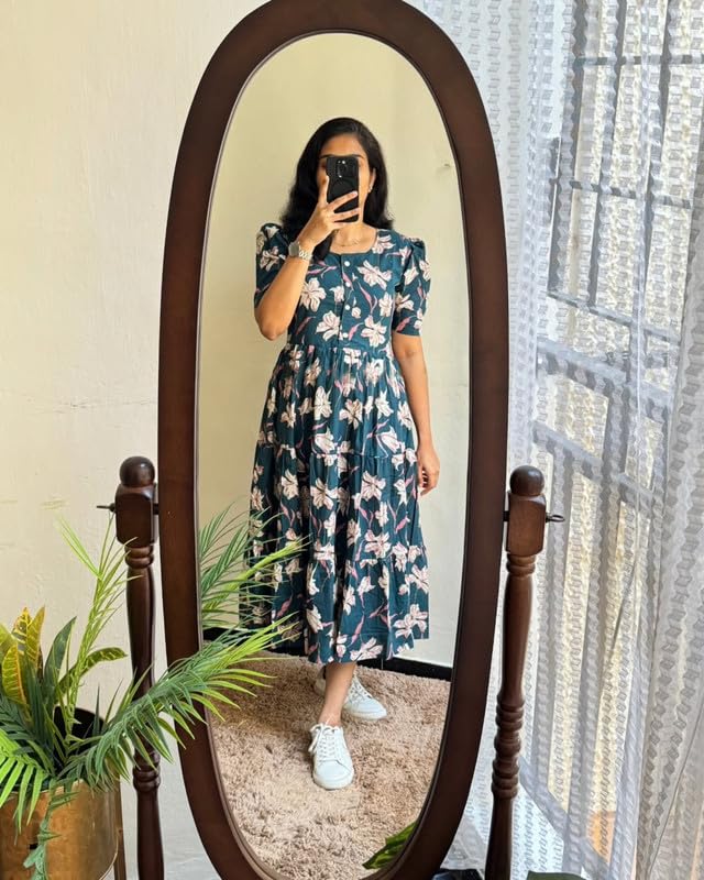 Image of Floral Midi Dress for Women - Summer Boho Dress, Lightweight & Breathable, Elegant Floral Print, Casual & Vacation Outfit, Comfortable Flowy Dress for Women