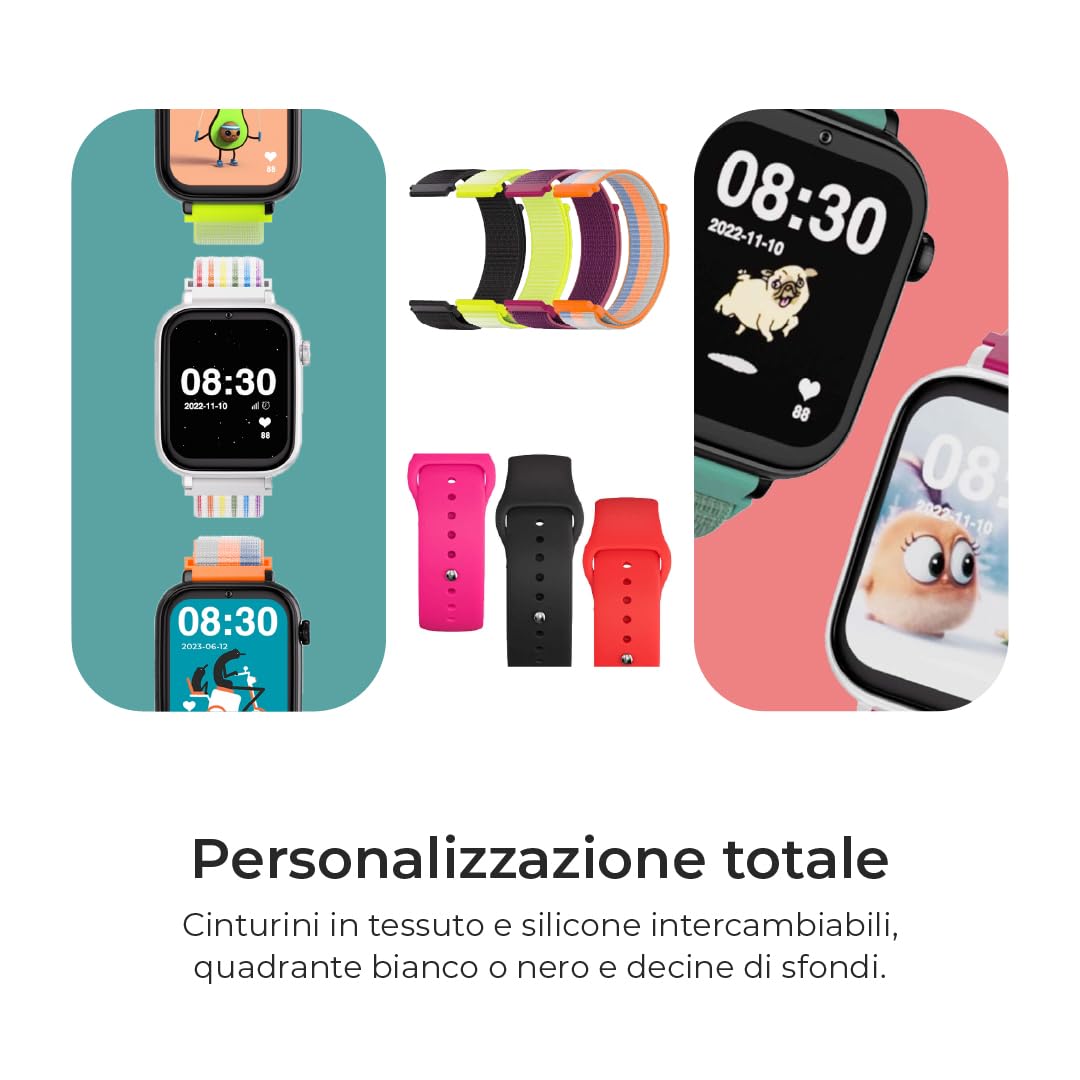 SaveFamily SaveWatch Plus 4G | Orologio Connesso per Bambini con GPS, Chiamate, Video, WhatsApp, Musica, Bluetooth e App Store - Quadrante Nero e Cinturino in Silicone Fucsia