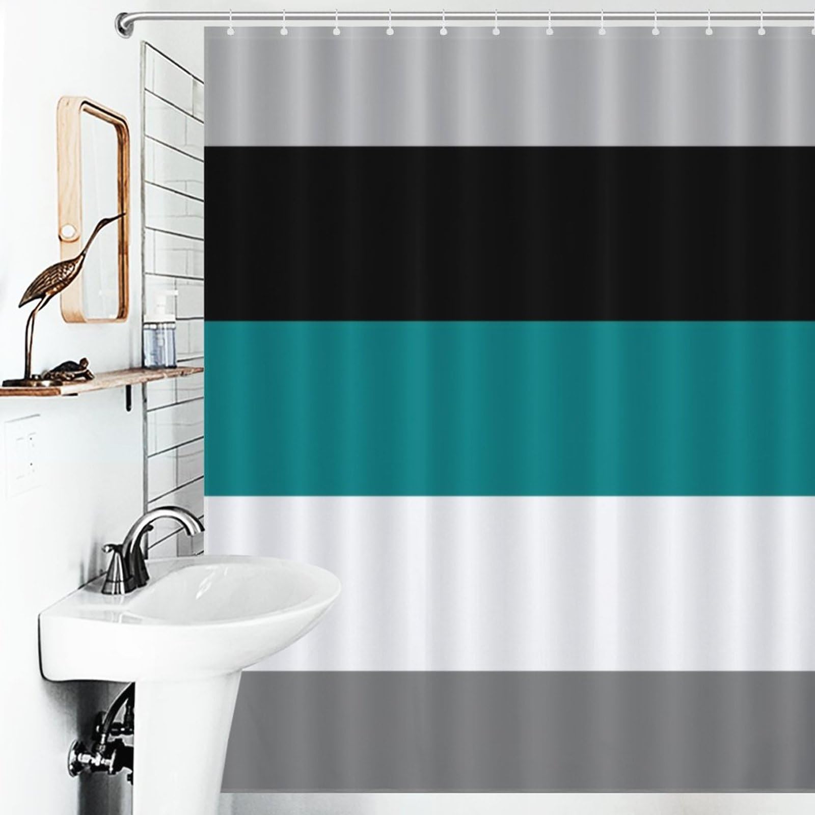 ZJRBJB Teal Shower Curtain - Grey & Black Striped Abstract Design, Waterproof Polyester, 72x72 Inches With Hooks, Modern Bathroom Decor