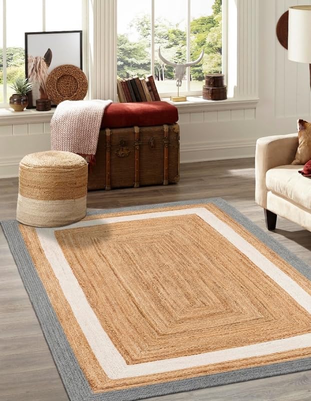 Tappeto in iuta misto cotone, 3,5 x 4,5 m, grigio e bianco con beige
