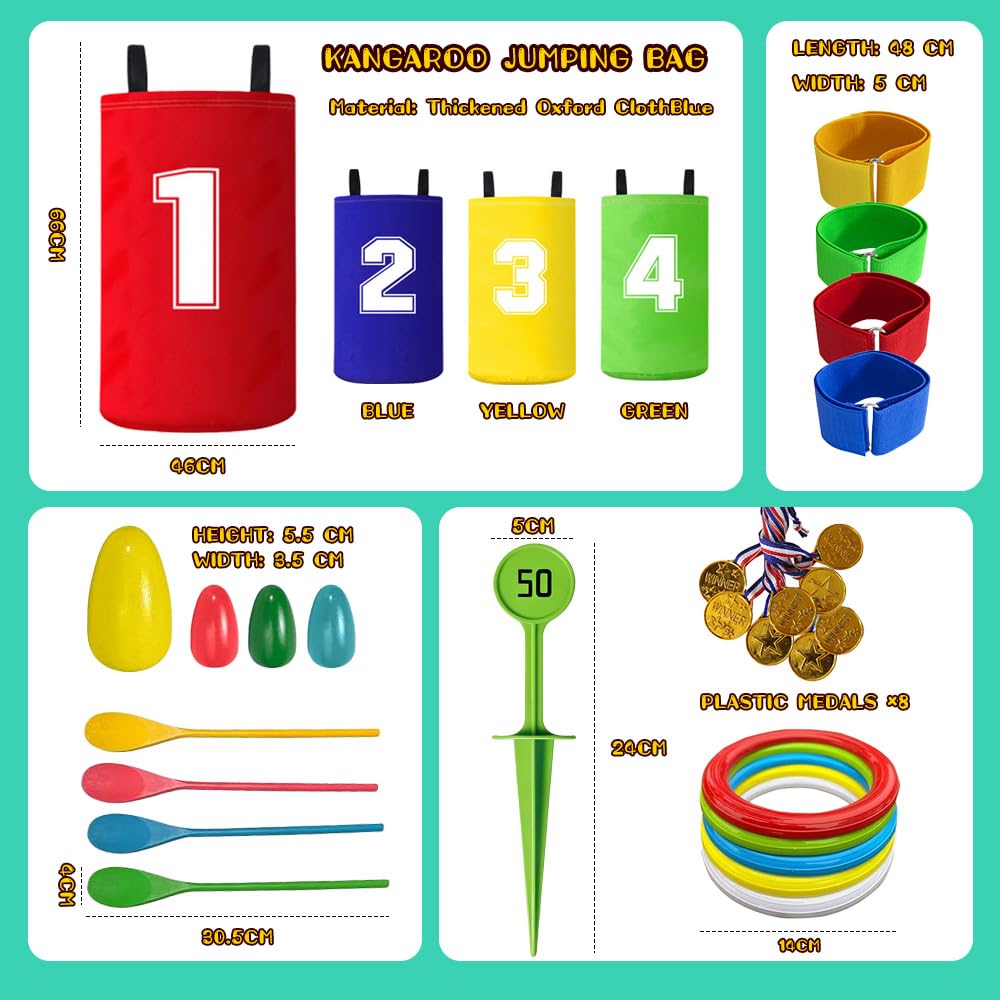 Jeux Exterieur Enfant, 4-in-1 Ensemble de Sports Day Jeux avec Médailles, Course À 3 Pattes, Course en Sac, Course Aux Oeufs, Jeux de Plein Air, pour Anniversaires, Journée Sportive, Kermesse