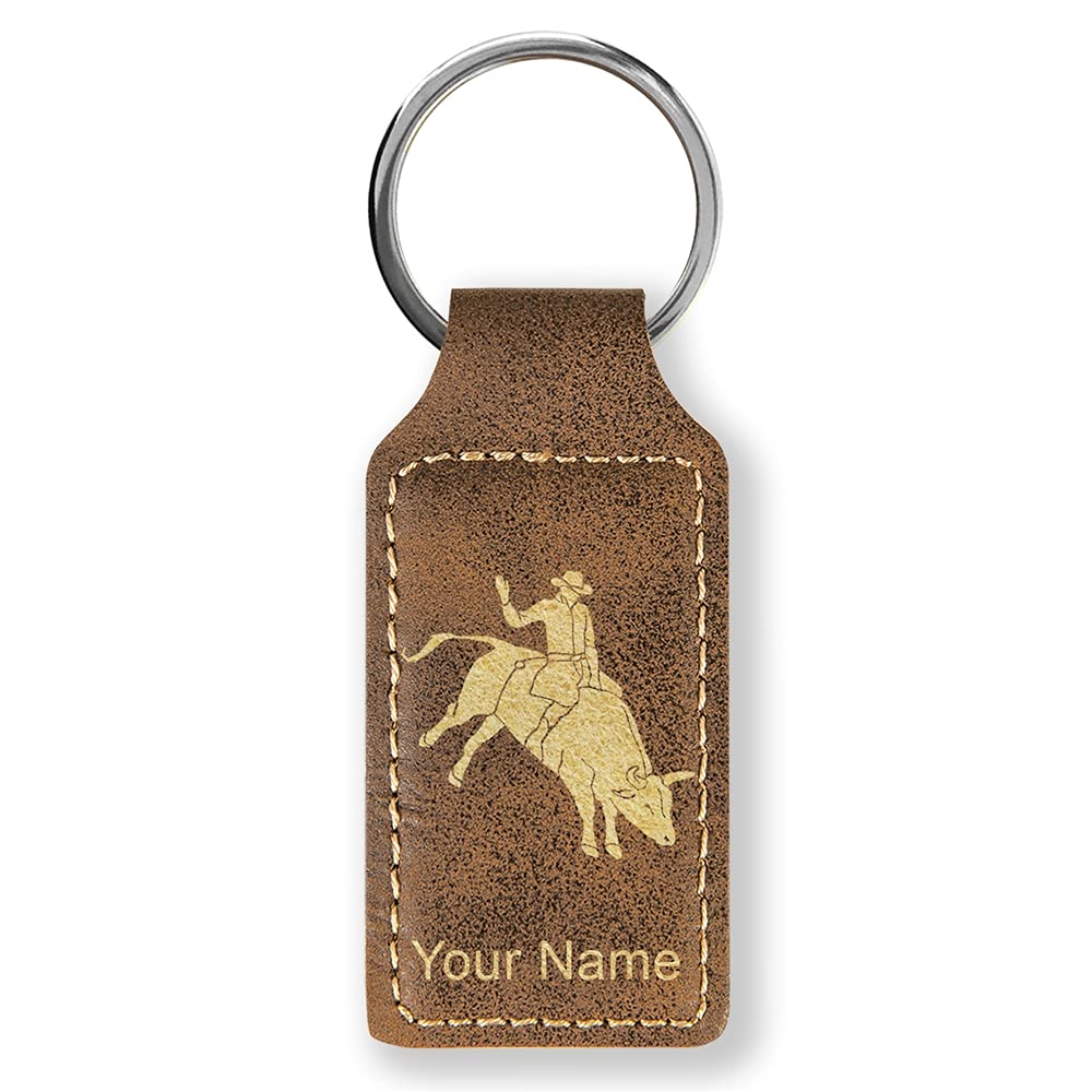 LaserGram Rectangle Keychain, Bull Rider Cowboy, Personalized Engraving Included (Rustic with Gold)