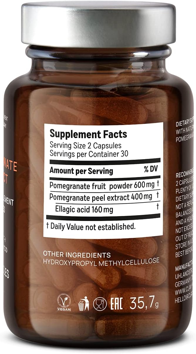 CLAV Pomegranate Extract - 1000mg Daily Dose - 40% Ellagic Acid - Vegan Pomegranate Supplement - Heart & Joint Support - 60 Capsules - Made in Germany - Image 9