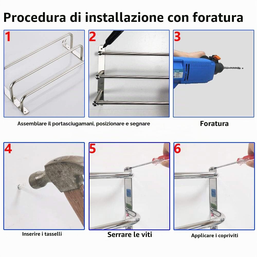 Portasciugamani Muro Portasciugamani da Parete Porta Salviette da Bagno Acciaio Inox Portasciugamani Impermeabile Portasciugamano per Cucina (63CM, Cromo)