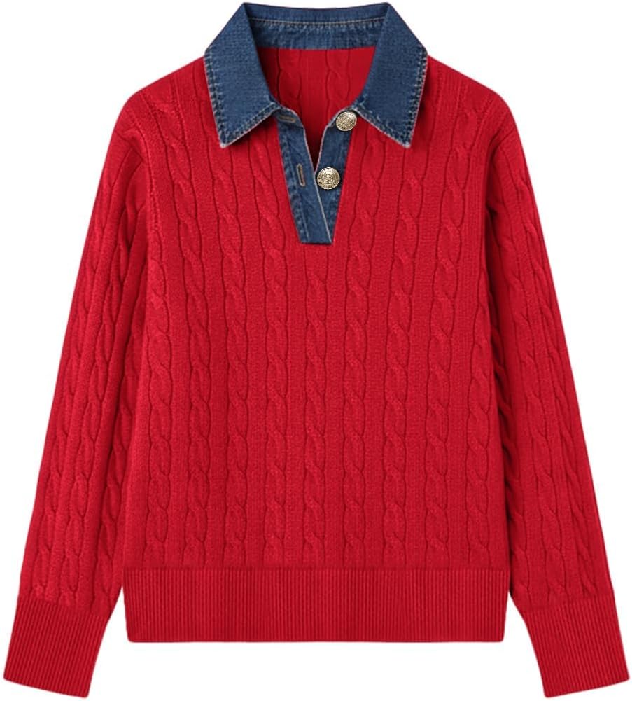 SAUKOLE Sweaters for Women Denim Lapel V Neck Buttons Closure Casual Long Sleeve Cable Knit Loose Pullover Sweater - Image 4