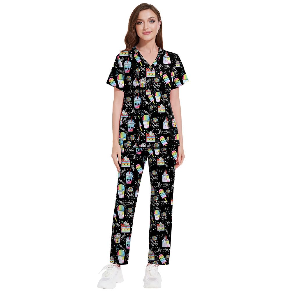 DK73 - Ropa quirúrgica médica para trabajadores sanitarios, estampado de dibujos animados, cuello en V, manga corta, dos bolsillos, poliéster, ligero, para todo el año, juego de trabajo