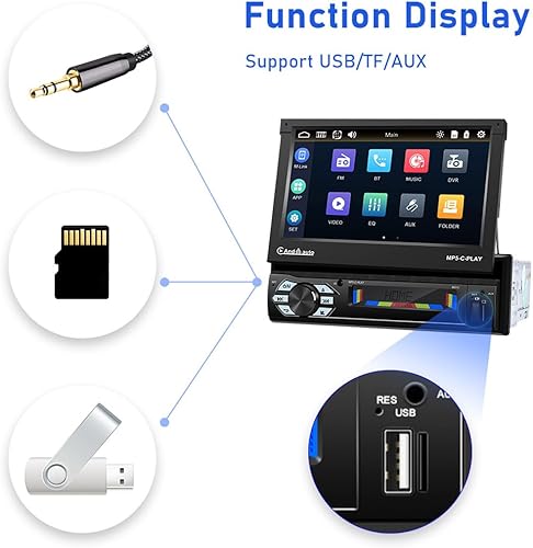 Miniatura 3 de Estéreo de coche de un solo DIN de 7 pulgadas con pantalla táctil abatible eléctrica para coche Soporte BluetoothEspejo LinkUSBAUX entradaTFFM