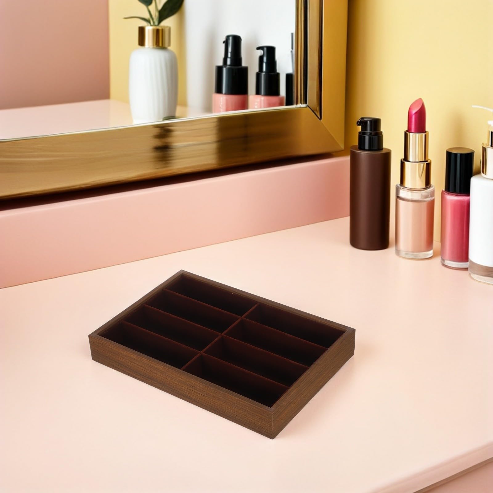 Estuche Organizador para Gafas y Joyas Forro y Compartimentos Múltiples en Madera de Nogal para Escritorio y Vitrina