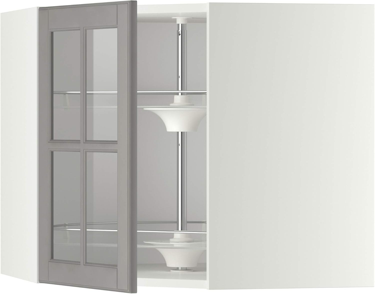 METOD Corner wall cab w carousel/glass dr, white/Bodbyn grey, 68x60 cm