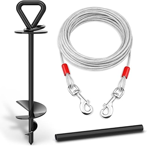 Cable y estaca de amarre para perros de 25 pies Correa y estaca para perros pequeños, medianos y grandes, de hasta 125 libras, sin enredos para