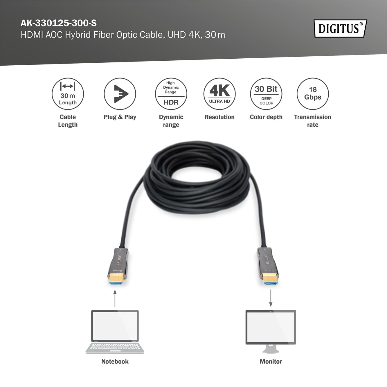 DIGITUS Cavo HDMI in fibra ottica – 30 m – UHD 4k 60 Hz 1080p 120 Hz – HDMI 2.0 – 18 Gbps – ARC, HDR, HDCP 2.2, CEC – Cavo ibrido AOC – Contatti placcati in oro – Nero