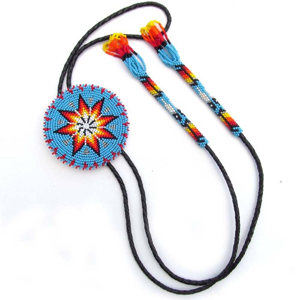 Handmade Beaded Bolo Tie,Native American Style Cz Seed Bead Bolo Tie. Touquoise Blue Star for Men.