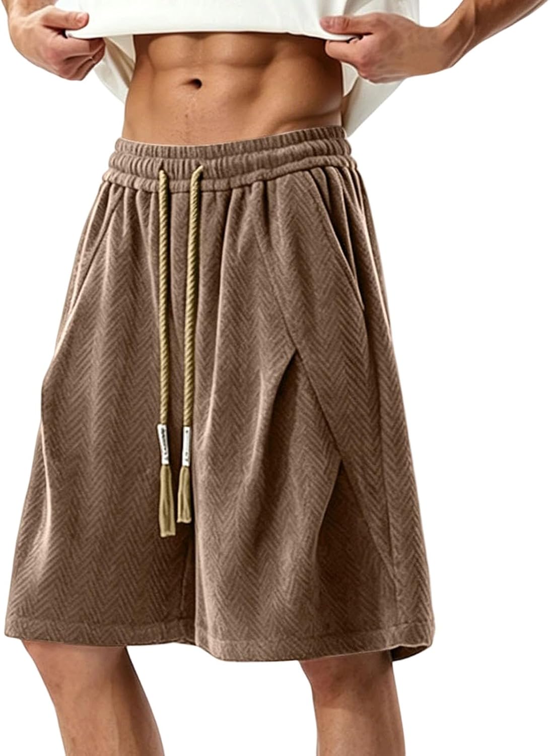 Mens Casual Shorts Summer Drawstring Elastic Waist Beach Sweat Shorts Wide Leg Plus Size Texture Short with Pockets