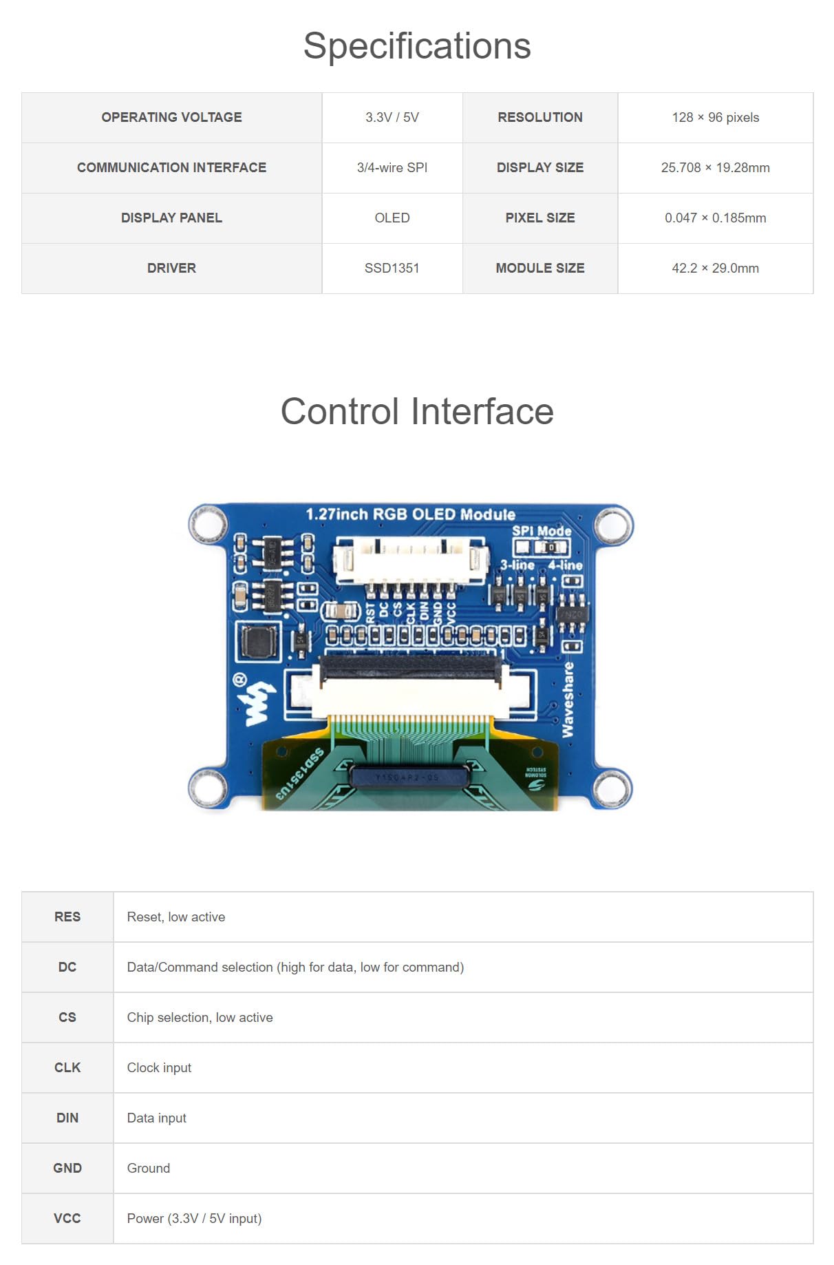 1.27 Inch RGB OLED Module for Raspberry Pi/Arduino/STM32 128×96 Display 262K Colors Onboard Driver SSD1351 SPI Interface