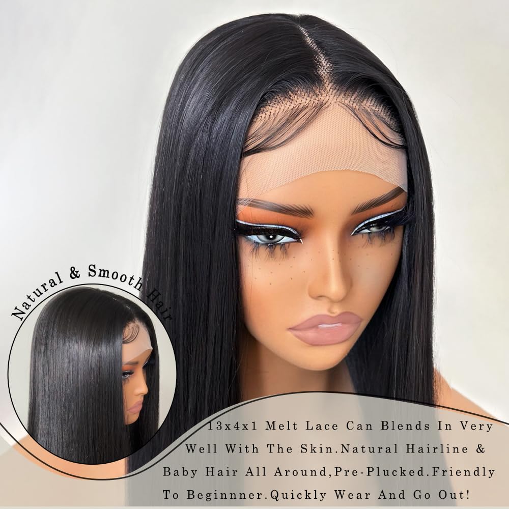 FABÉLLE Straight Lace Front Wig Pre-Plucked with Baby Hair Natural Black Color Glueless Wig for Women 26 Inch Long Straight Synthetic Lace Front Wig