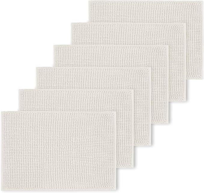 AMEHA Bath Mat Non Slip Anti Mould White 40 x 60 cm (6 Pack) Chenille Bathroom Mat Soft & Fluffy Bath mats Super Water Absorption & Machine Washable Shower Mat