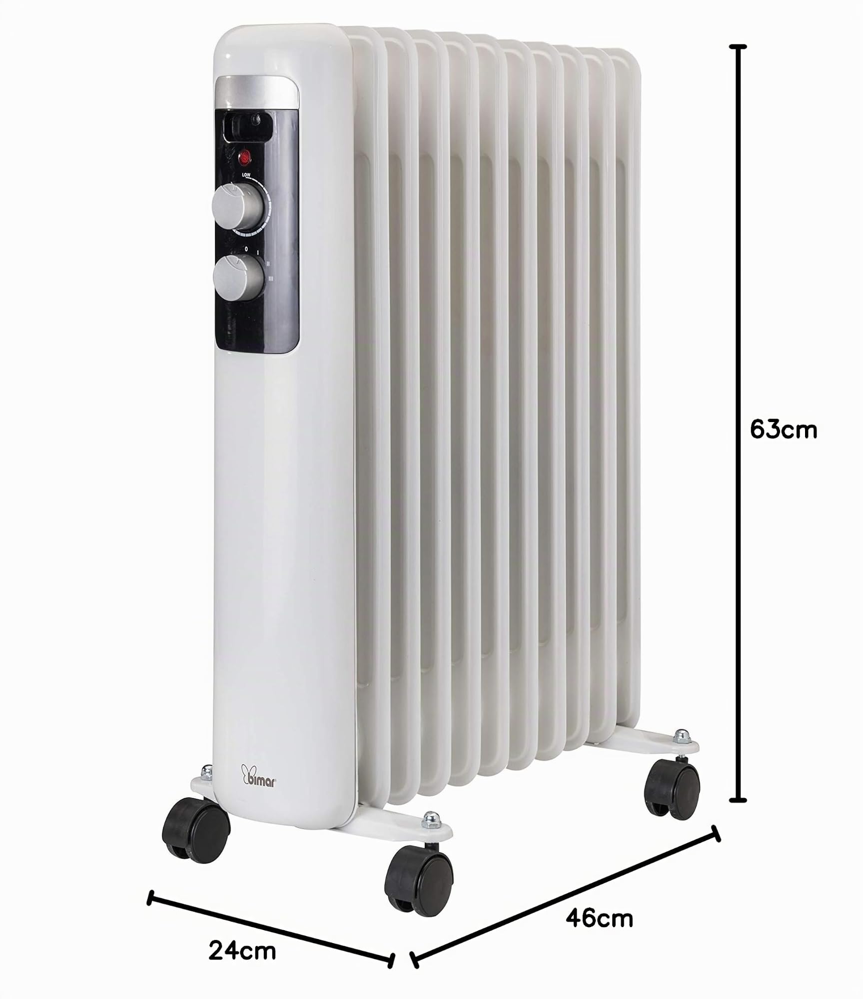 Bimar HO411 Termosifone elettrico, Radiatore ad olio Basso Consumo, calorifero ad olio con 11 Elementi e 5 Canali di Circolazione, Termostato Regolabile, 3 potenze di Riscaldamento, Trasportabile