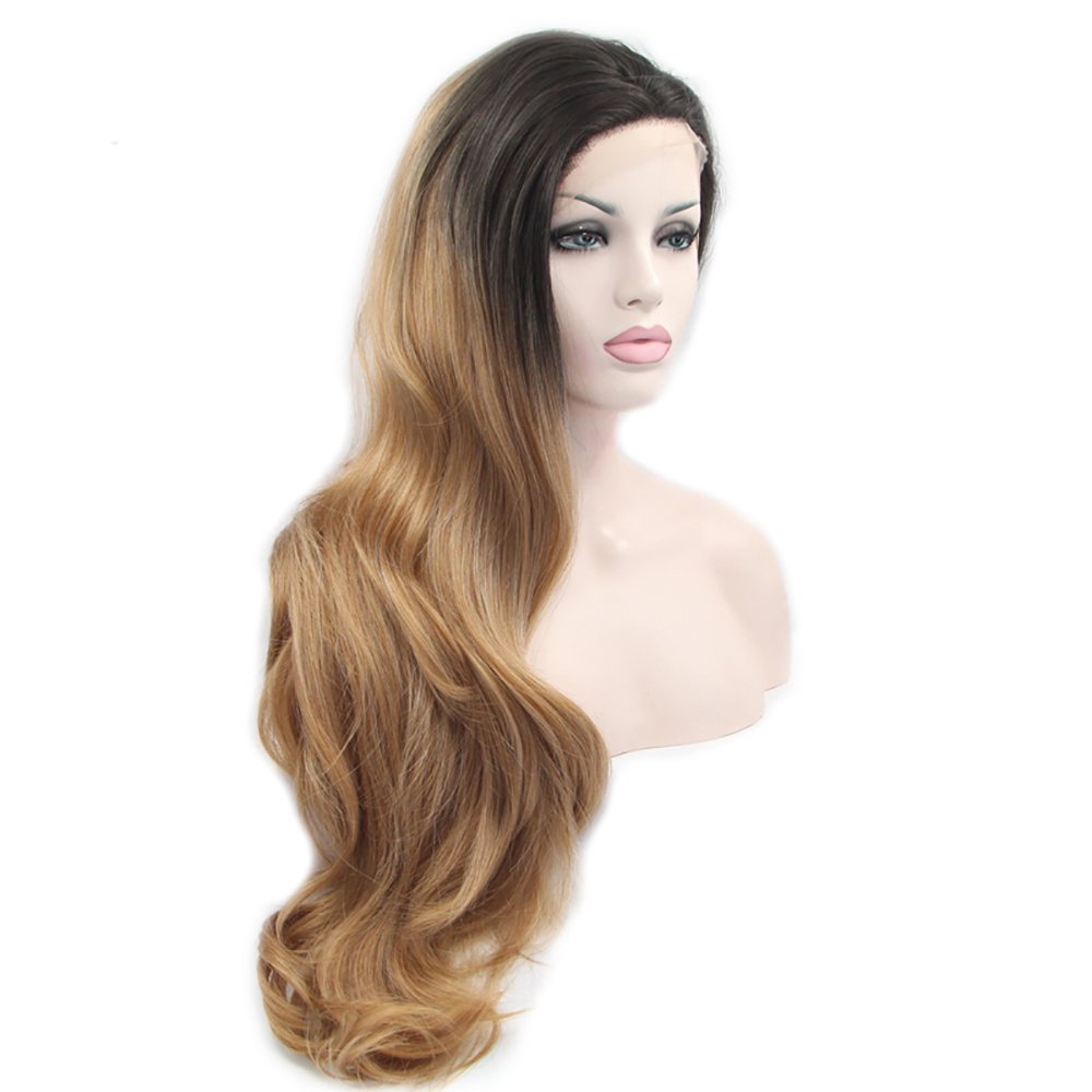 Melody Blonde Ombre Synthetic Lace Front Wigs With Dark Roots 180% Density Half Hand Tied Heat Resistant Fiber Hair for Women 24''
