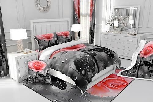 Miniatura 4 de Juego de funda de edredón con diseño de rosas rosadas y mariposas, tamaño Queen, para niños, niñas y mujeres, funda de edredón romántica con flores