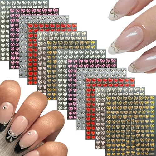 12 Sheets Self-Adhesive Bow Nail Stickers - 3D Decals for Nail Art - Black, White, Pink - DIY Manicure Decorations for Women & Girls