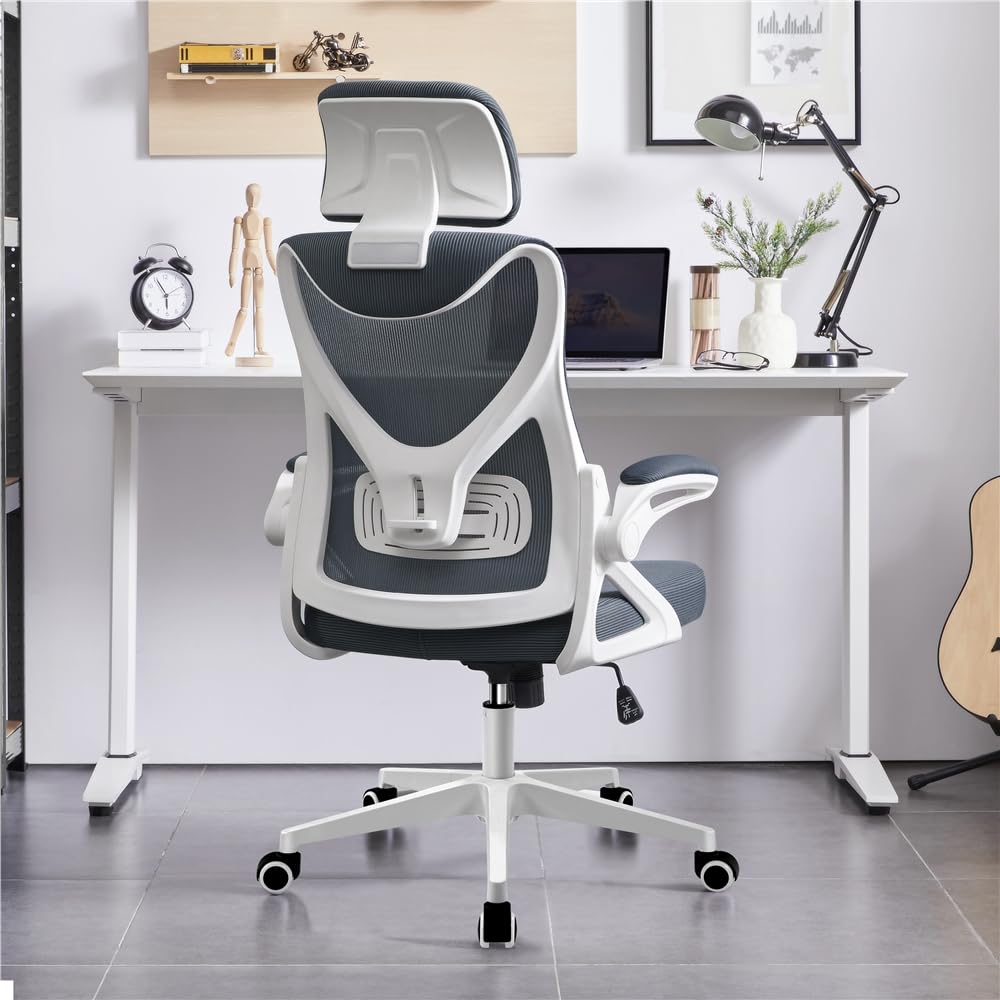 Yaheetech Silla de Oficina Ergonomica con Soporte Lumbar Blanco Gris | Reposabrazo Reposacabeza Ajustable, Base Giratoria de 70 cm, Malla Transpirable, Capacidad Max 150KG