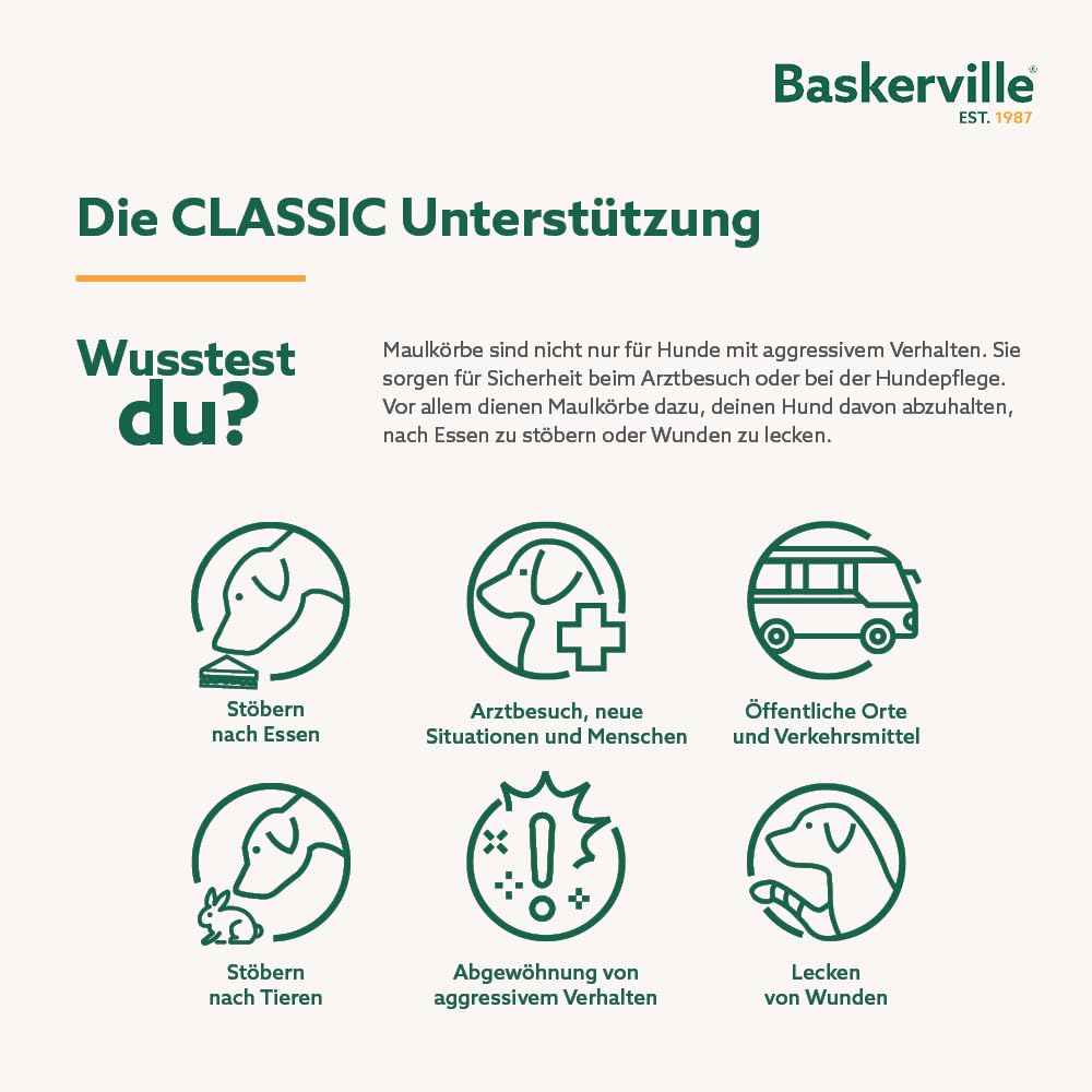 Baskerville Classic Maulkorb - Gestattet Hecheln und Trinken, verhindert Beißen und Stöbern nach Essen, passend für Hunde mit langen Nasen, Trainingsmaulkorb für mittelgroße Hunde (Größe 4)