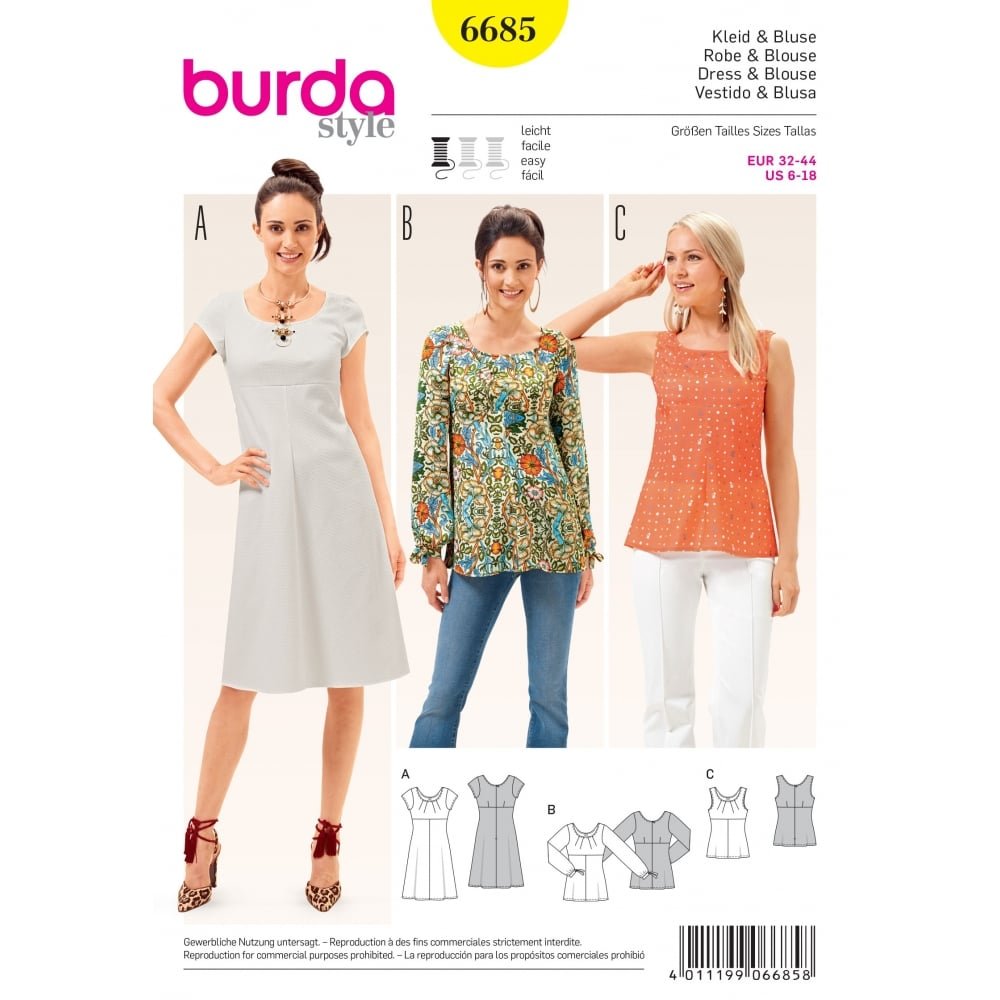 Burda Schnittmuster B6685 - Kleid Und Bluse In Weiß 19x13x1cm