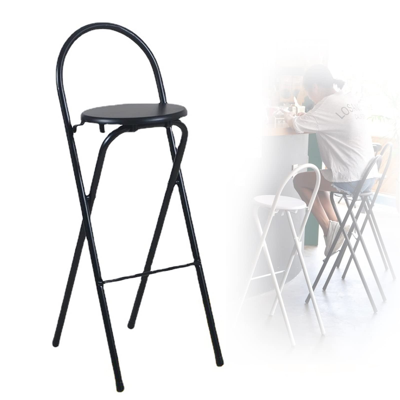 Tabouret de bar pliable noir élégant avec dossier intégré