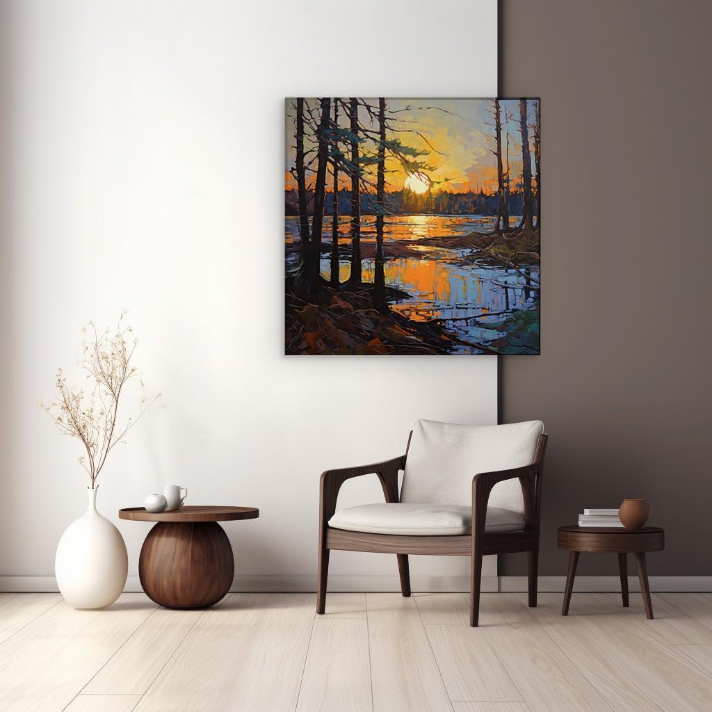 Canvas for Living room. Tranquil Wilderness at Dusk: A Painting of Serenity in Sun's Embrace, 27 x 18 inch Canvas Wall Art - Contemporary Masterpieces - Modern Home Decor