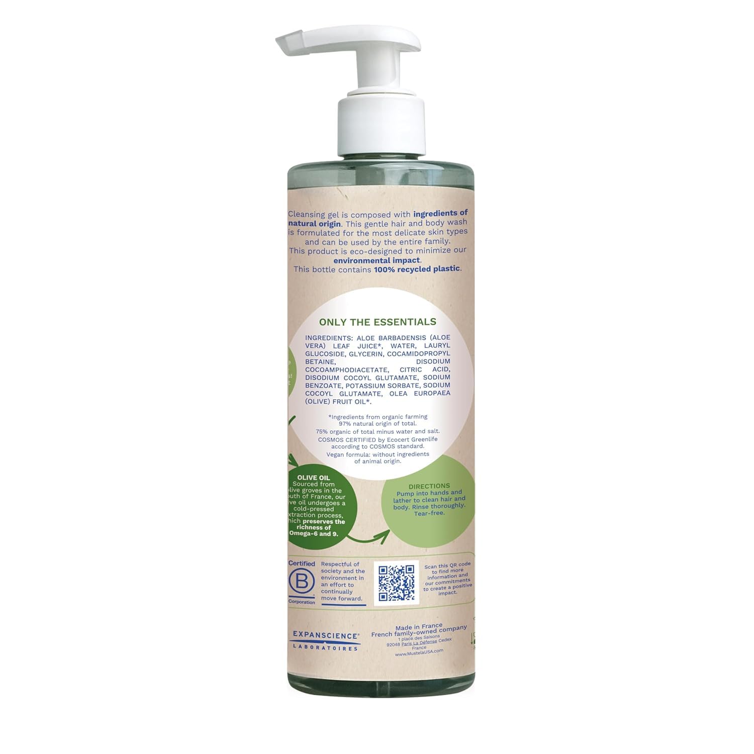 Mustela wegański organiczny żel czyszczący z oliwą z oliwek, aloesem i gliceryną, ciało i włosy, niemowlę, cała rodzina - delikatne czyszczenie bez suszenia, 99% składników pochodzenia naturalnego