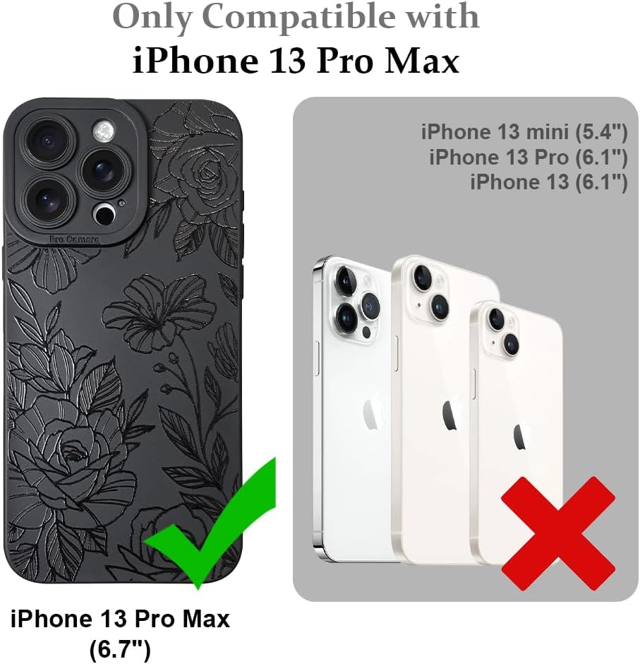 LSL Case for iPhone 13 Pro Max Black Floral Flower Pattern Print Design Soft TPU Full Camera Lens Anti-Drop Anti-Scratch Shockproof Protective Slim Cover for Women Girls - Image 6