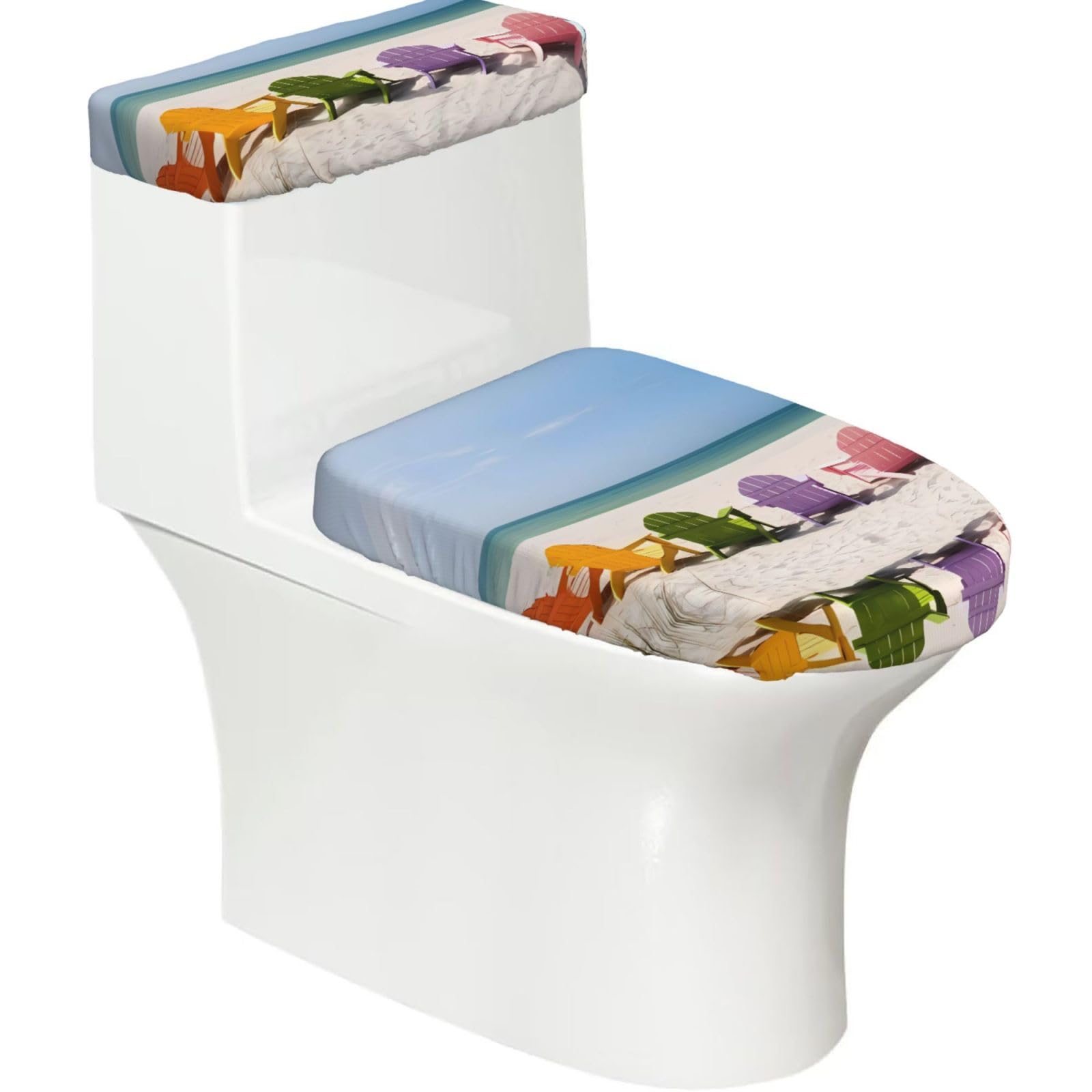 Mrowyc Black Chairs Beside The Blue Sea Sky Printed Toilet Seat Set - Set Of 2 - Universal Toilet Seat Cover - Housewarming Birthday Christmas Gift