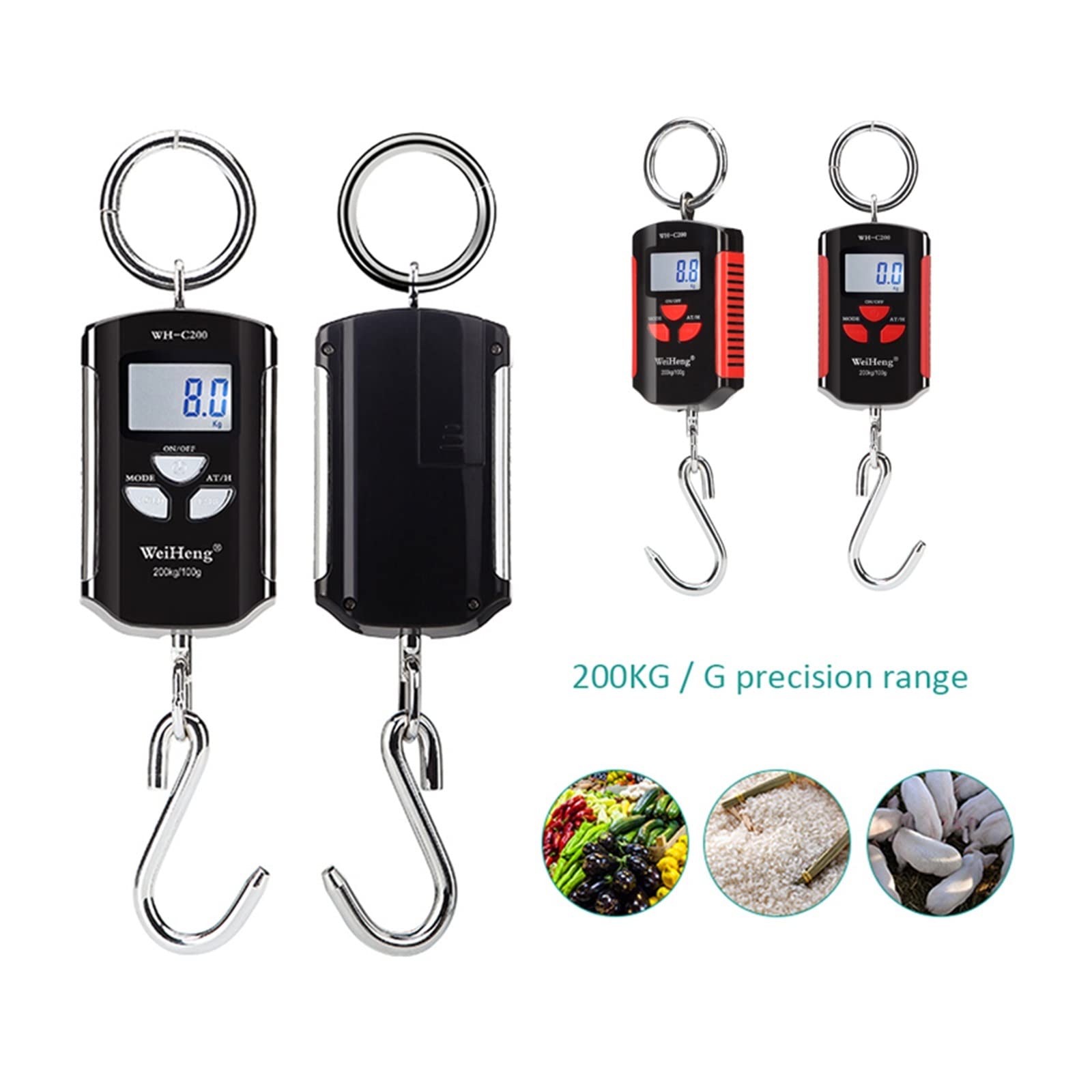 Przemysłowa waga dźwigowa 200kg/100g Przenośna waga hakowa Elektroniczna waga ważąca kg, lb, jin Jednostka Heavy Duty waga hakowa(Nero)
