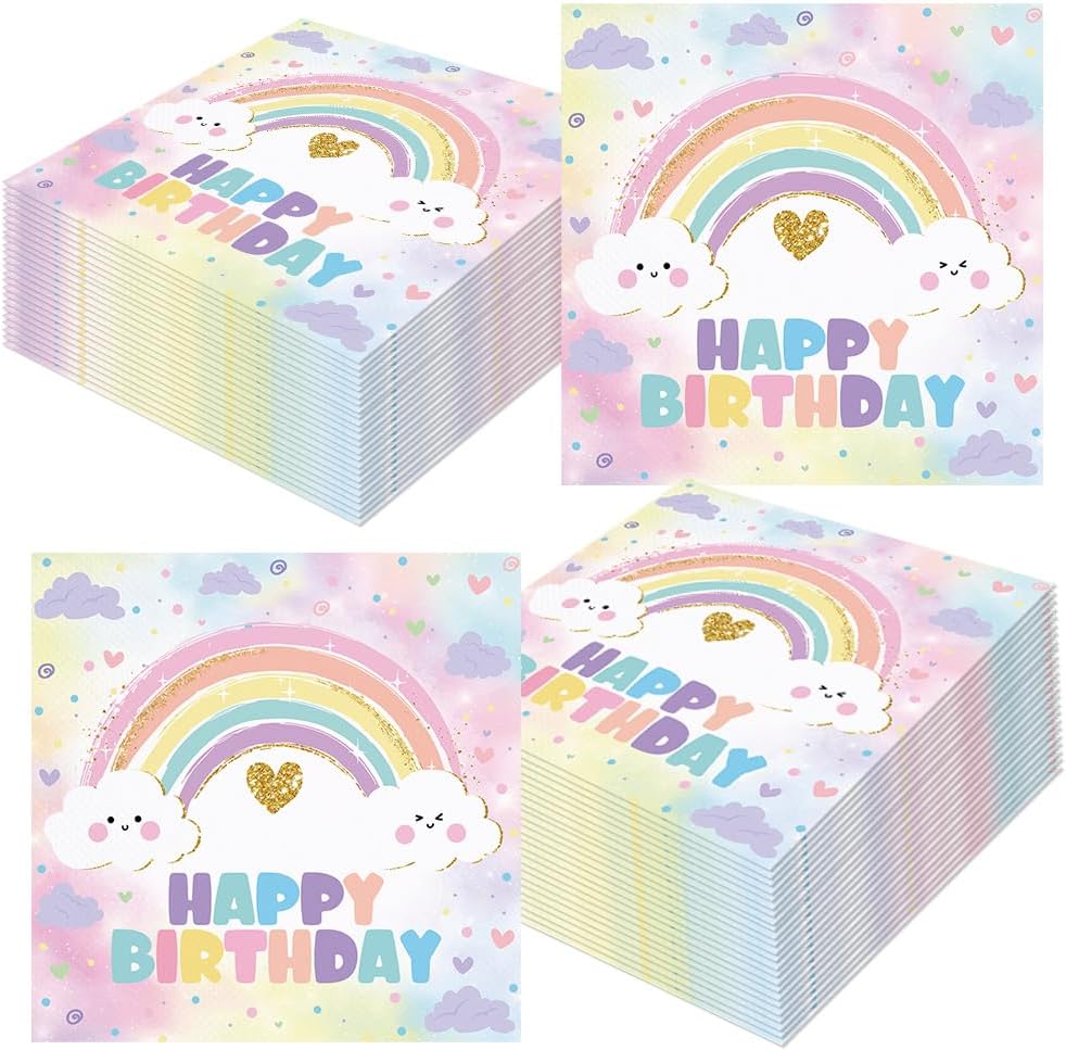 80 Pcs Pastel Rainbow Birthday Paper Napkins Rainbow Cloud Theme Disposable Napkins Soft Color Party Supplies for Girls Happy Birthday Table Decorations - Image 2