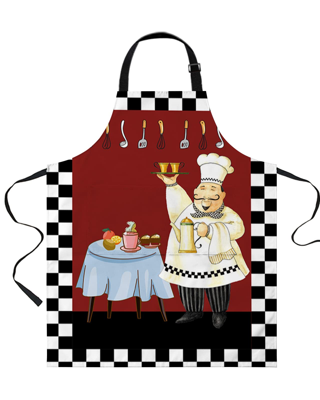 Farmhouse Cartoon Fat Chef Kitchen Cooking Apron Waterproof, Retro Black White Plaid Bib Chef Aprons for Men Women 26.5"x35"