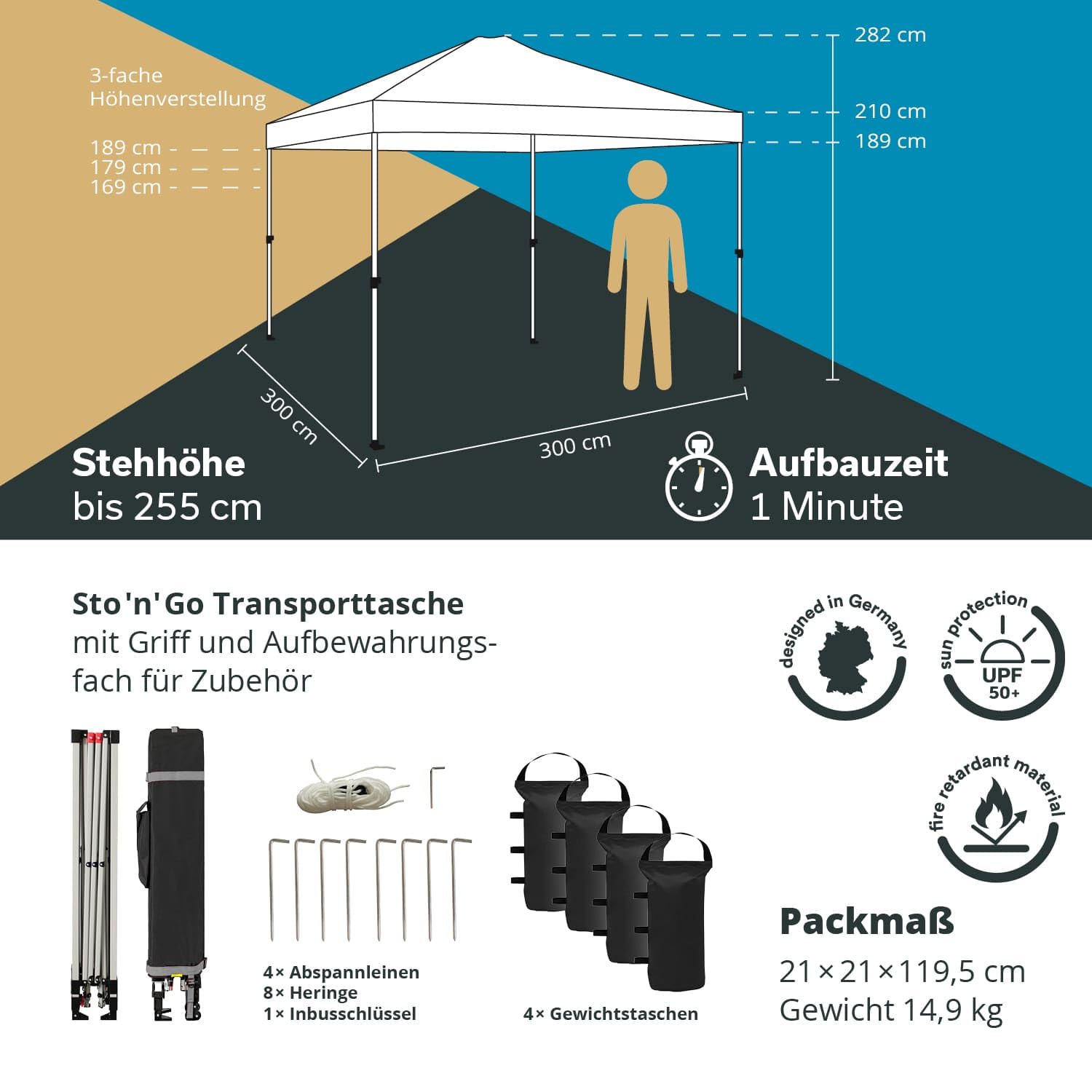 Skandika Pawilon Solvorn 3 x 3 m, opatentowany mechanizm jednoręczny, składany pawilon typu Pop Up ze stalowym stelażem, ochrona przed promieniowaniem UV 50+, odporny na warunki atmosferyczne,