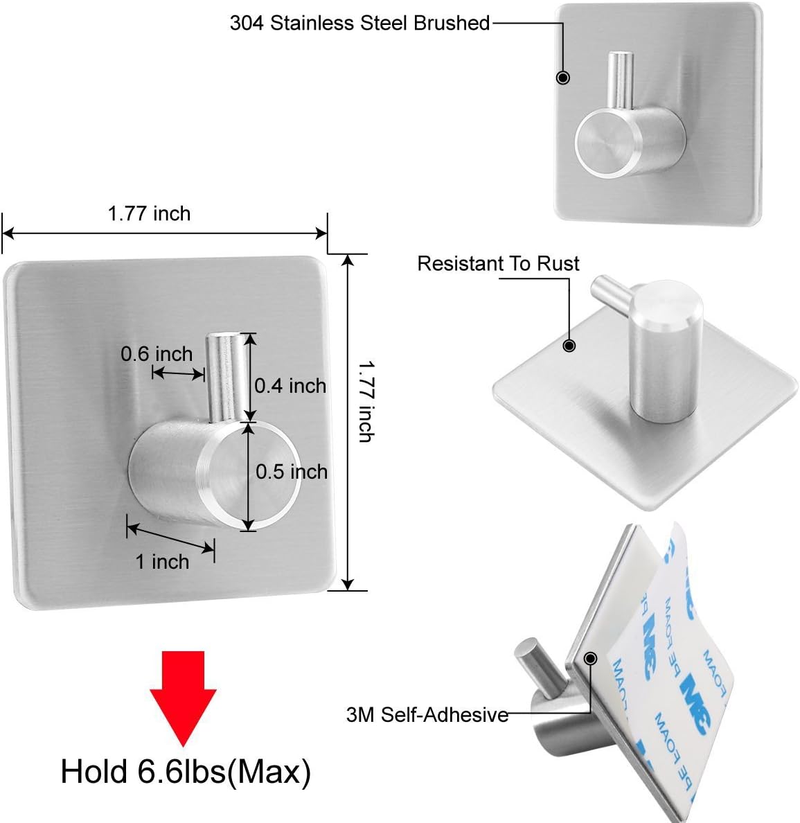 Self Adhesive Hooks, 4 Pack of Wall Hooks Hat Towel Robe Coat 304 Stick-up Stainless Steel Hanger for Kitchen Bathrooms Bedroom Office Window Lavatory Closets, Water & Rust Proof