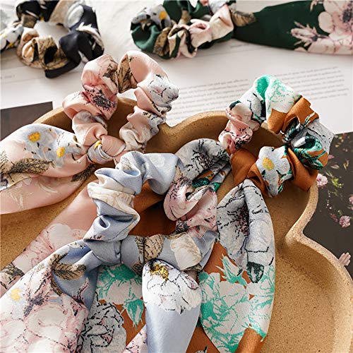 Paisley Silk Hair Scarf Scrunchies, Ribbon Bow Scrunchie With Tail, Flower Printed Hair Ribbon Ties, Floral Hair Scrunchies With Ribbon (Flower Pattern) #TOP1